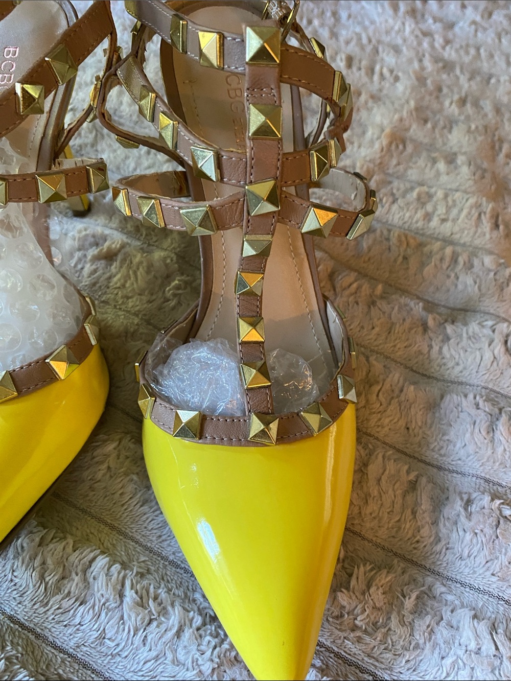 BCBGeneration Yellow Patent Pointed-Toe Studded Strappy Heels - Picture 3 of 7